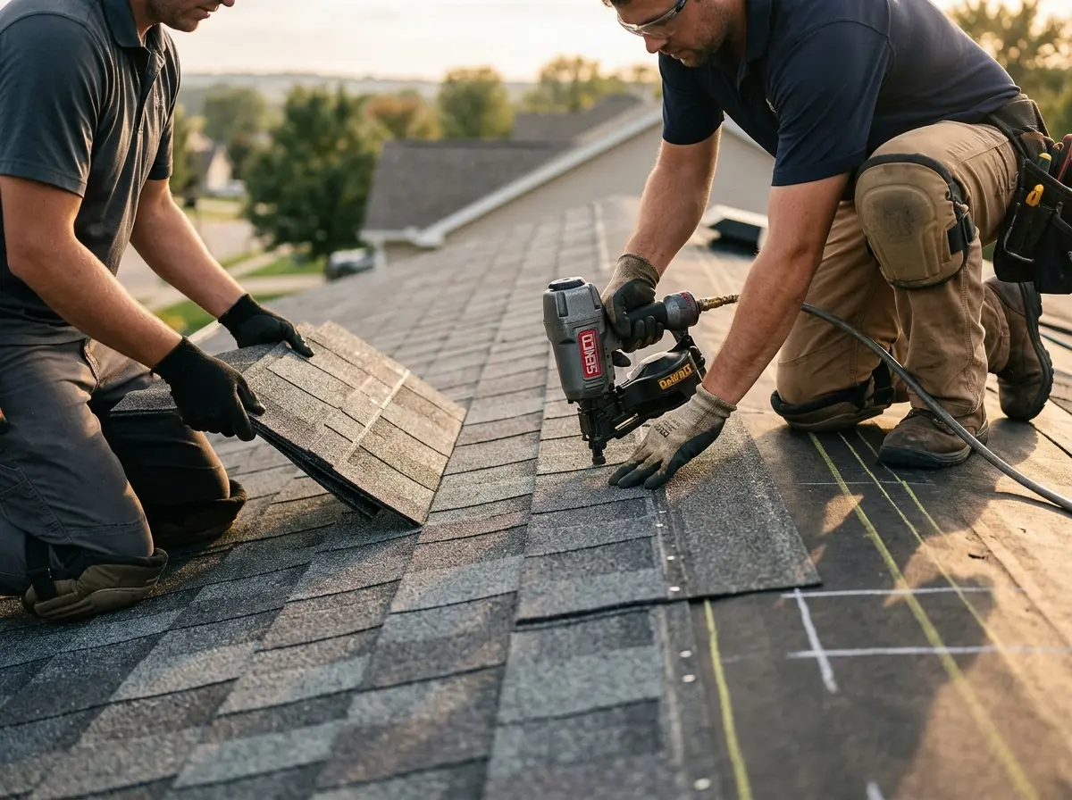 Professional roofer working on a residential roof in New Albany